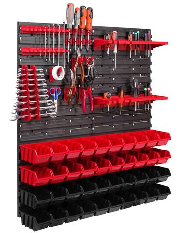botle Nástenný panel na náradie 77 x 78 cm s 40 ks. Krabic zavesené Červené a Čierne Boxy plastová